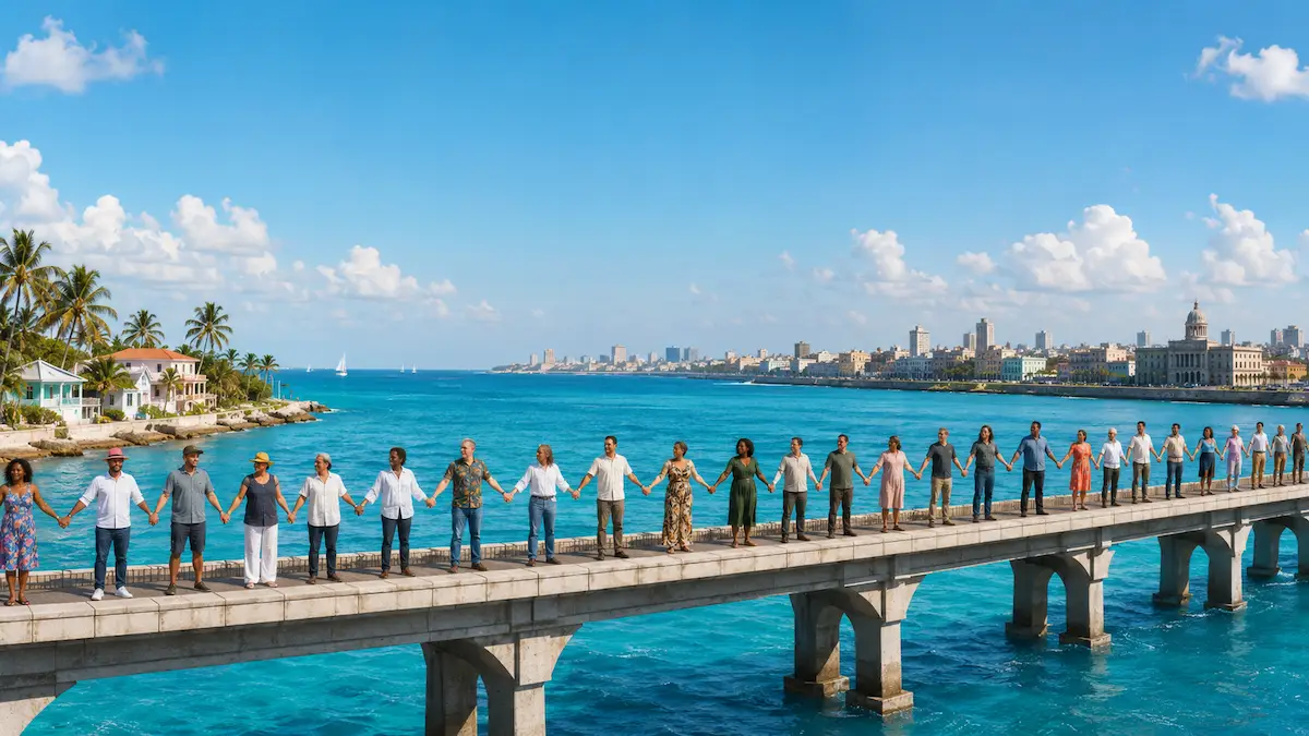 People of different backgrounds holding hands on an imaginary bridge between Key West and Havana
